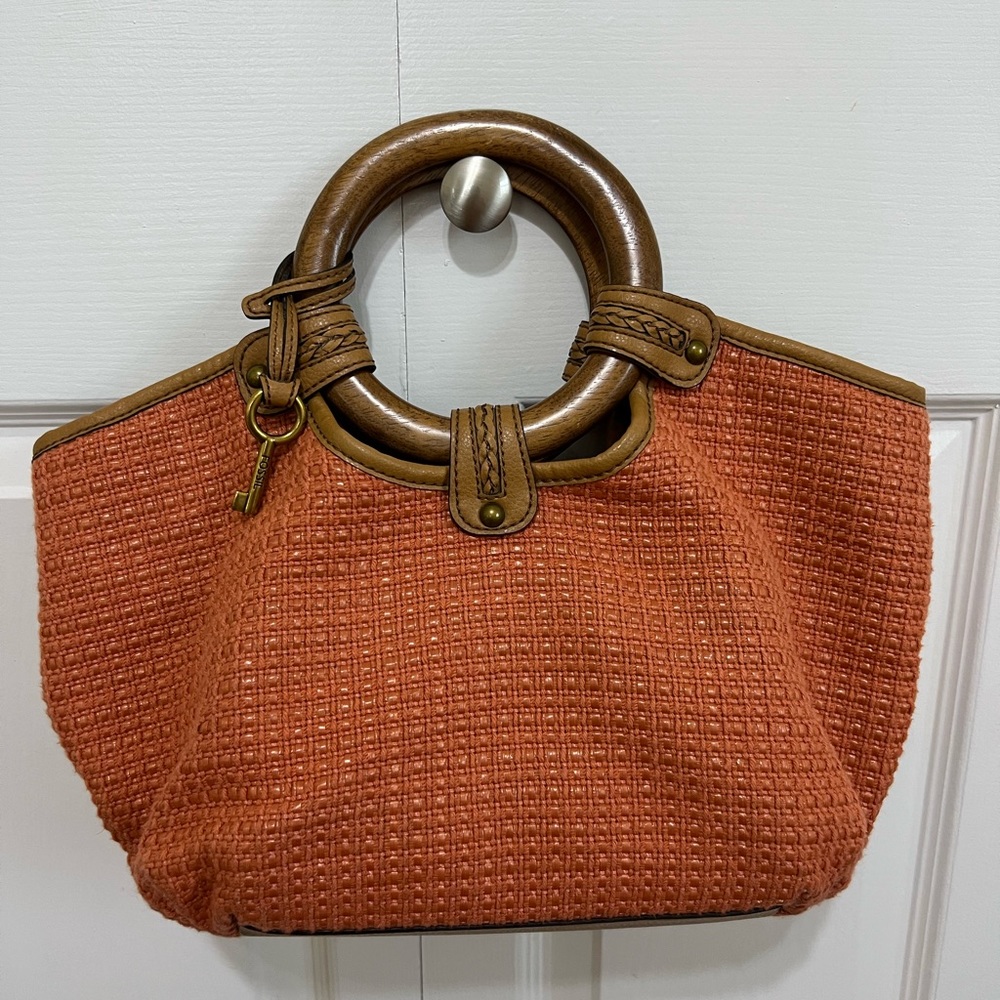 Fossil Wicker Native Woven Handbag Satchel Leather Trim Wooden Handle